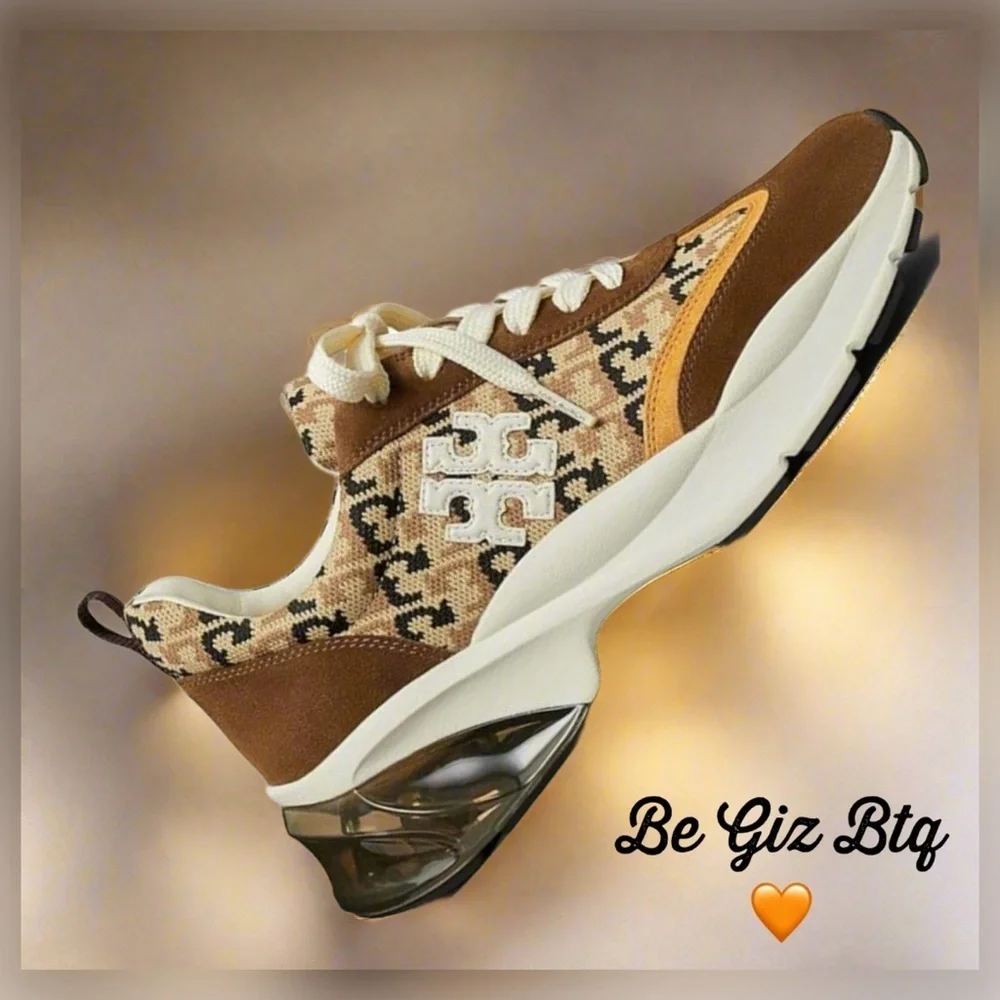 🔥🔥Tory Burch Good Luck Bubble Trainer T Logo Knit New Cream And Chestnut Size11M